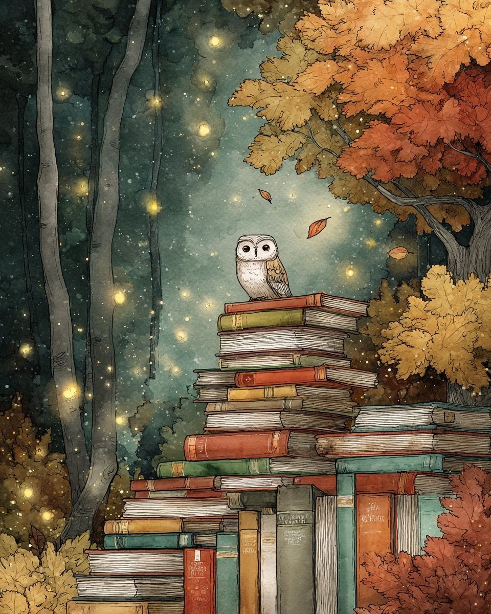 Owl in Autumn Library Poster. poster detail