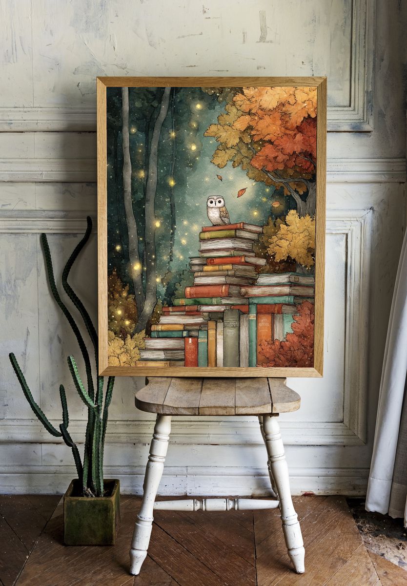 Owl in Autumn Library Poster. — room view 1