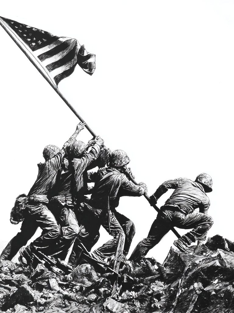 Iwo Jima Flag Raising Black-White Print. poster — photography art
