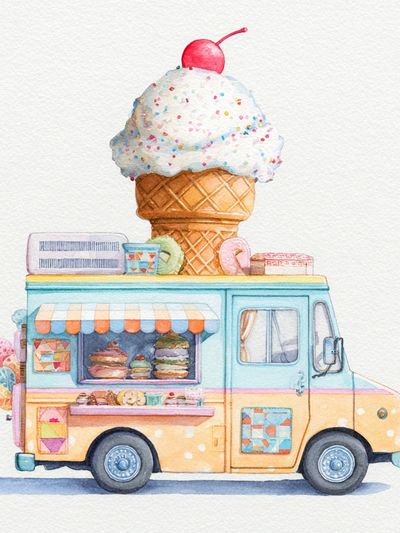 Ice Cream Truck Watercolor Poster. poster print