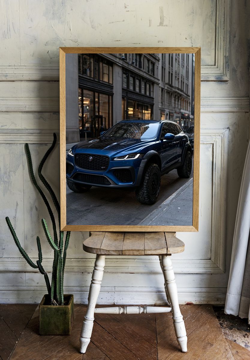 Blue Jaguar SUV Street Photography Poster. — room view 1