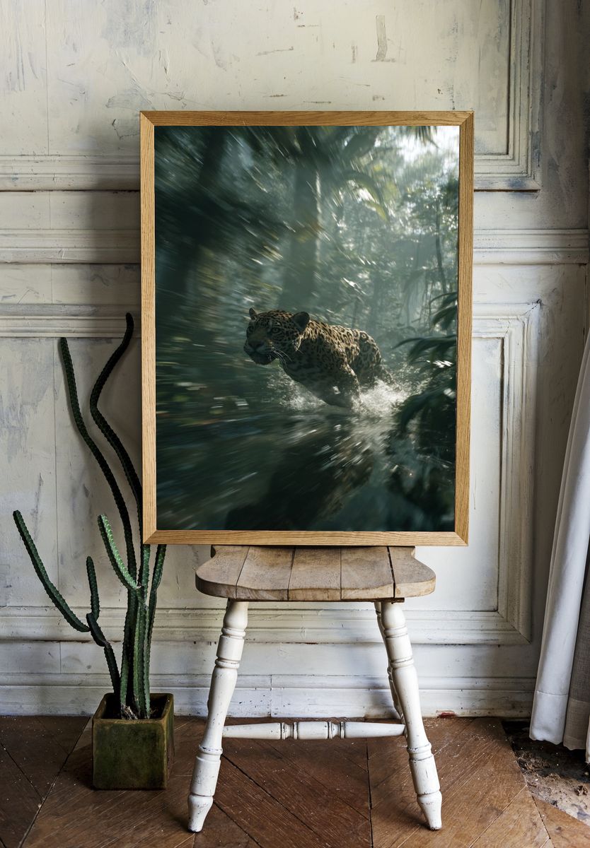 Leaping Jaguar — Wildlife Photography Poster. room preview