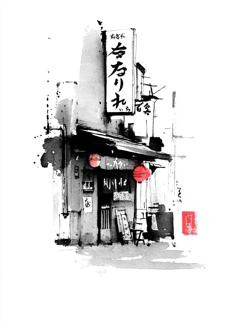 Japanese Alley Ink Illustration Poster. poster detail
