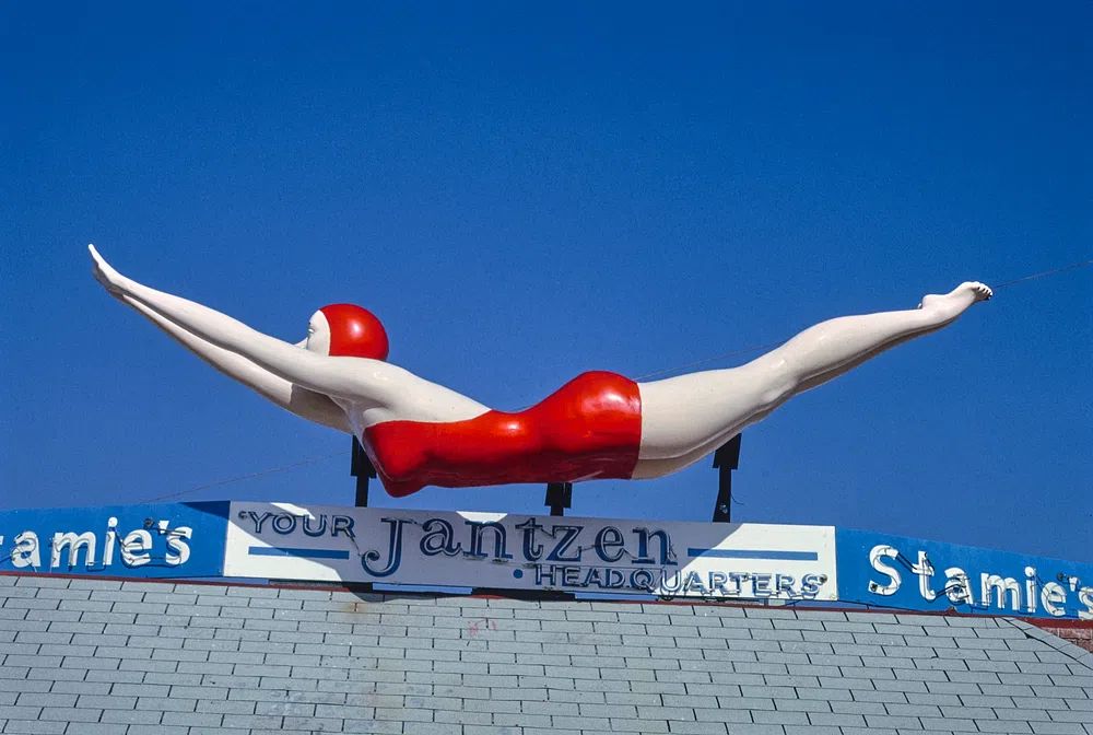 Stamie's Beachwear Jantzen sign, Ocean. poster detail