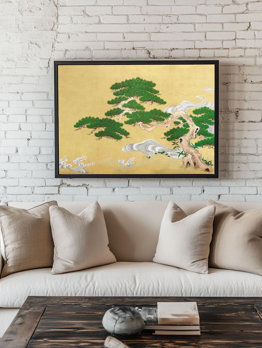 Pine Tree and Clouds — Japanese Art Print. room preview
