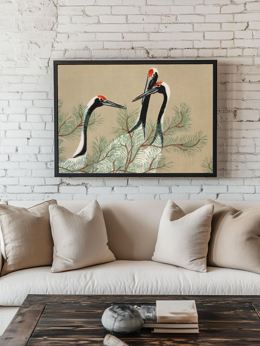 Cranes Among Pine — Japanese Art Print room preview