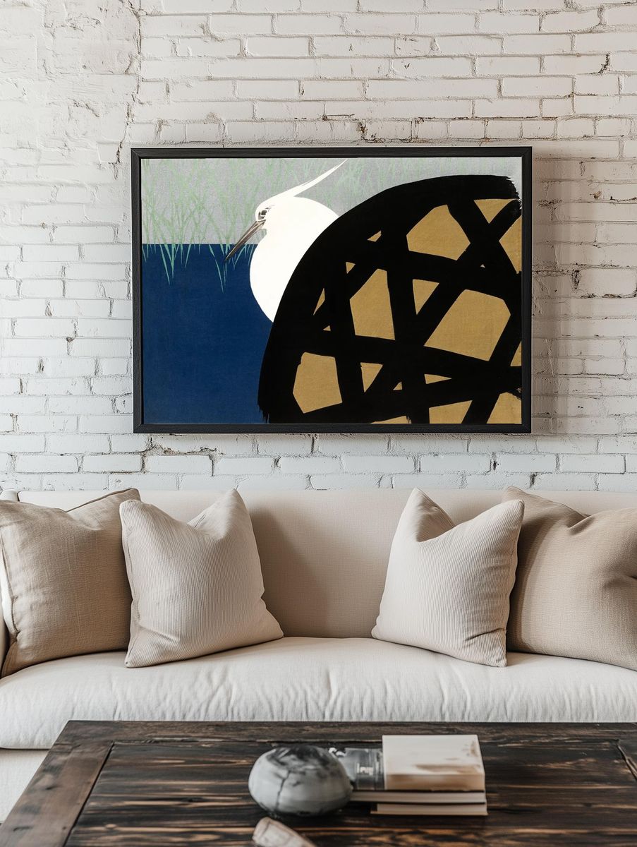 Heron and Water — Japanese Print Poster. room preview