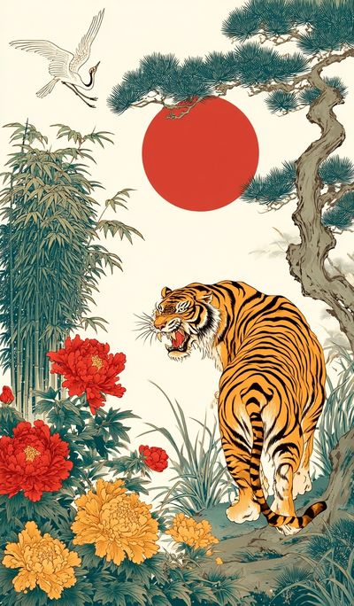Tiger and Crane — Japanese Art Print. poster