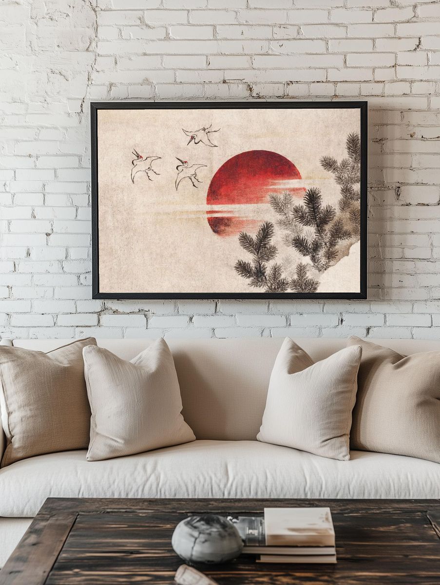 Cranes and Red Sun — Japanese Art Print room preview