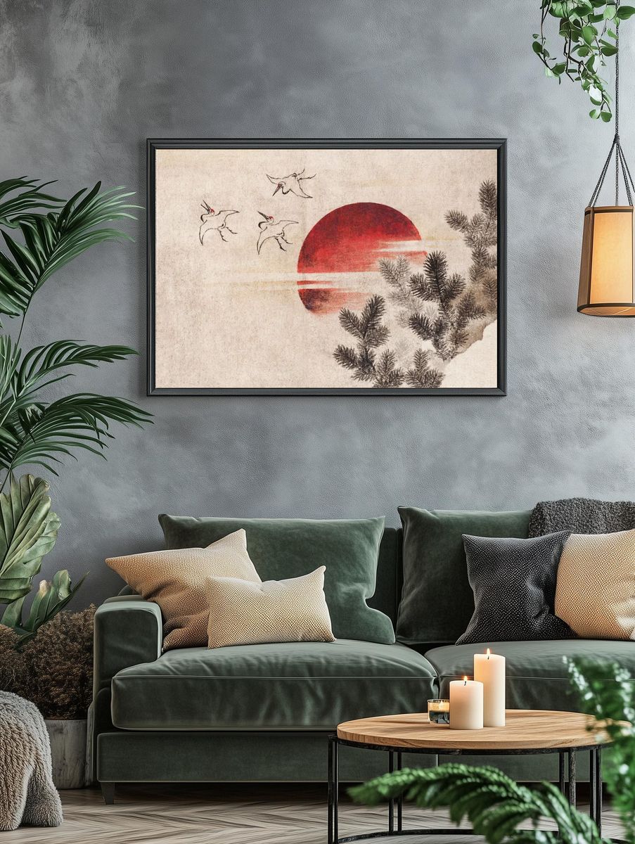 Cranes and Red Sun — Japanese Art Print. — room view 4
