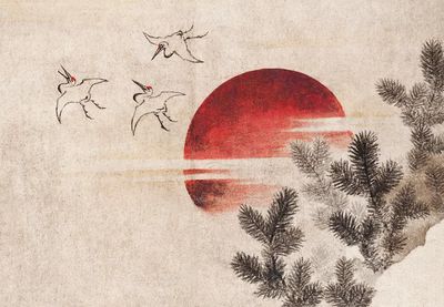Cranes and Red Sun — Japanese Art Print. poster