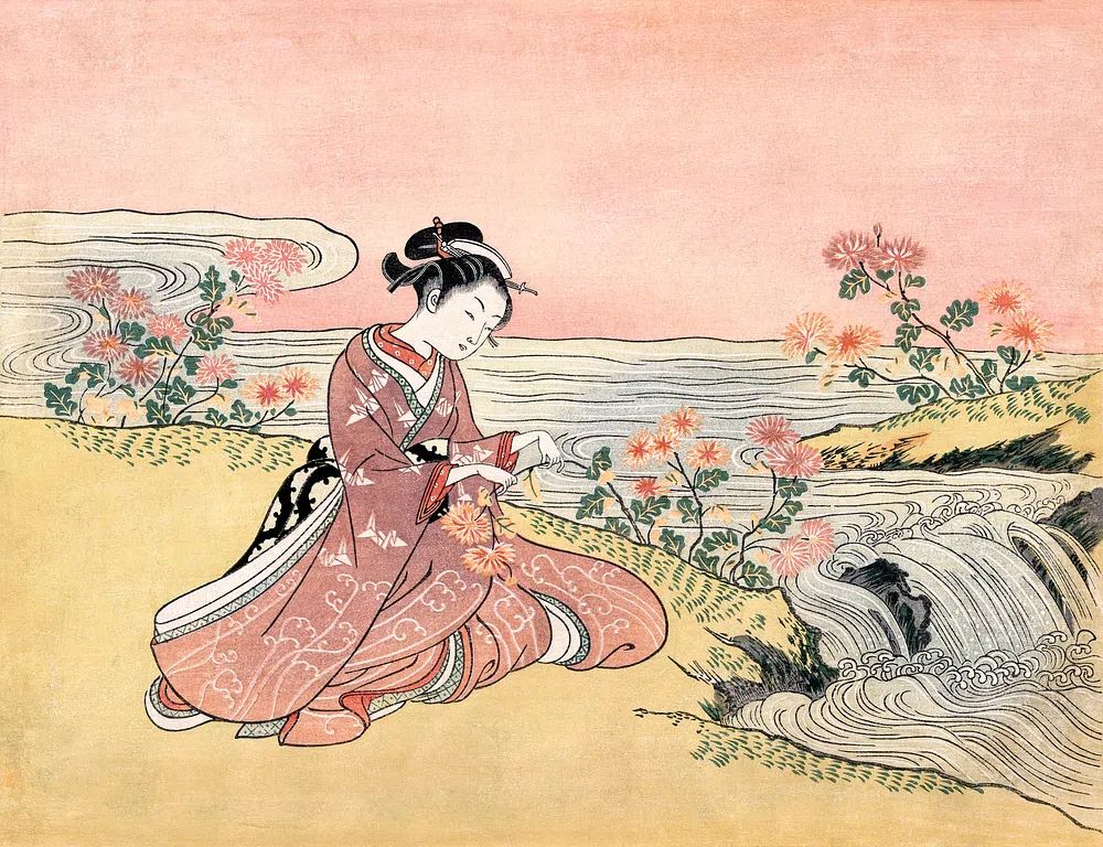 Japanese woman picking chrysanthemum (1725-1770). poster detail