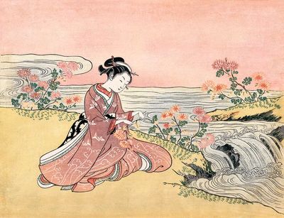 Japanese woman picking chrysanthemum (1725-1770). poster