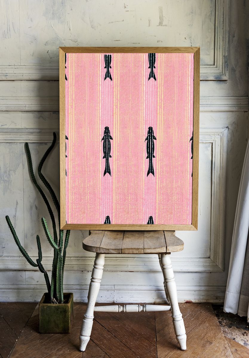 Vintage woodblock print Japanese textile. room preview
