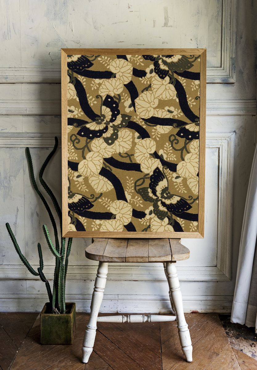 Brown Japanese butterflies background, traditional fan pattern — Art Print room preview
