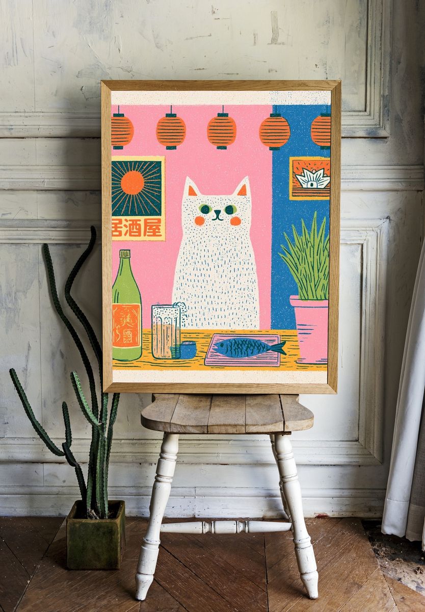 Japanese Cat Bar Illustration Poster. room preview