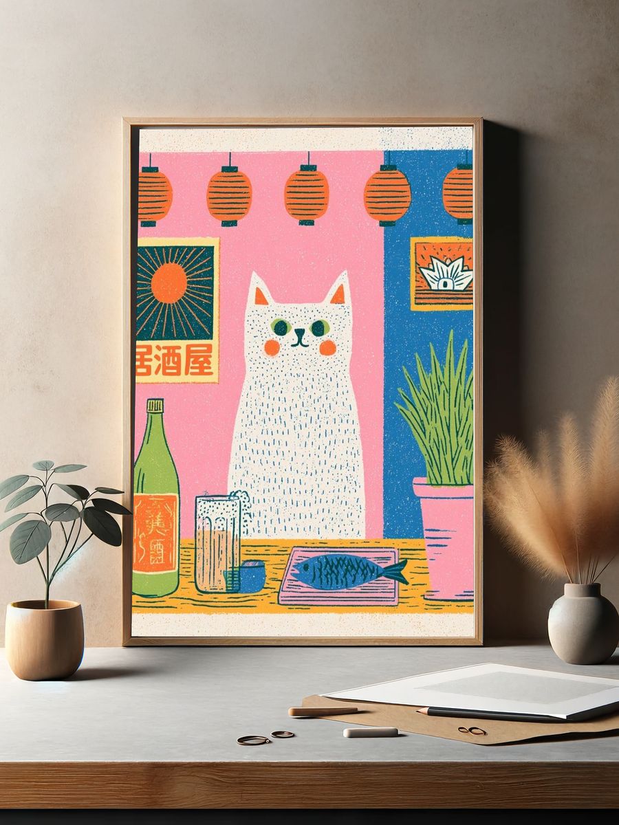 Japanese Cat Bar Illustration Poster. — room view 2