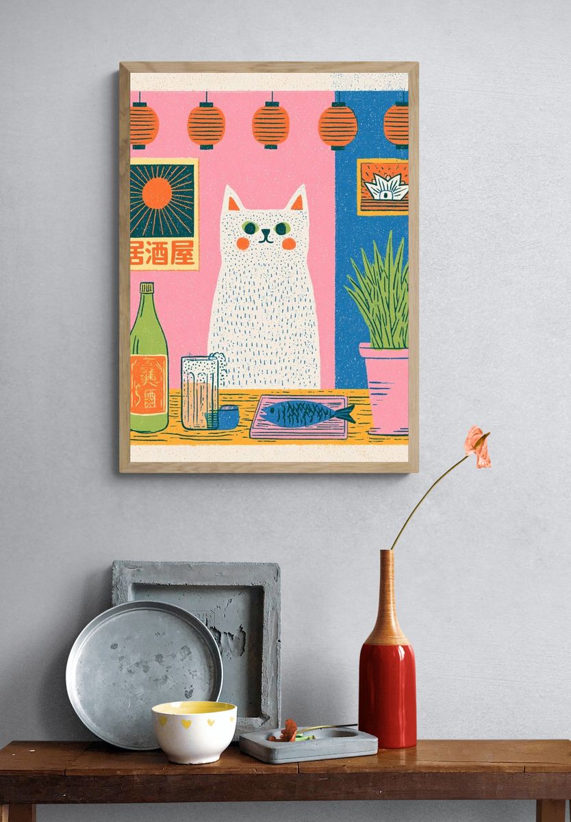 Japanese Cat Bar Illustration Poster. — room view 3