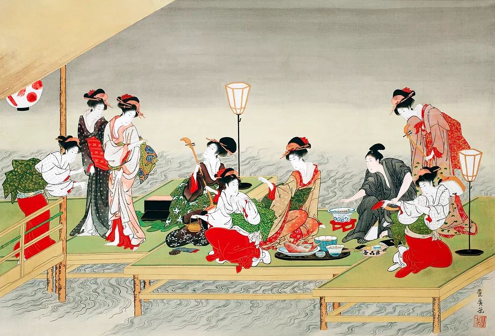 Japanese Geisha Gathering — Vintage Print. poster detail