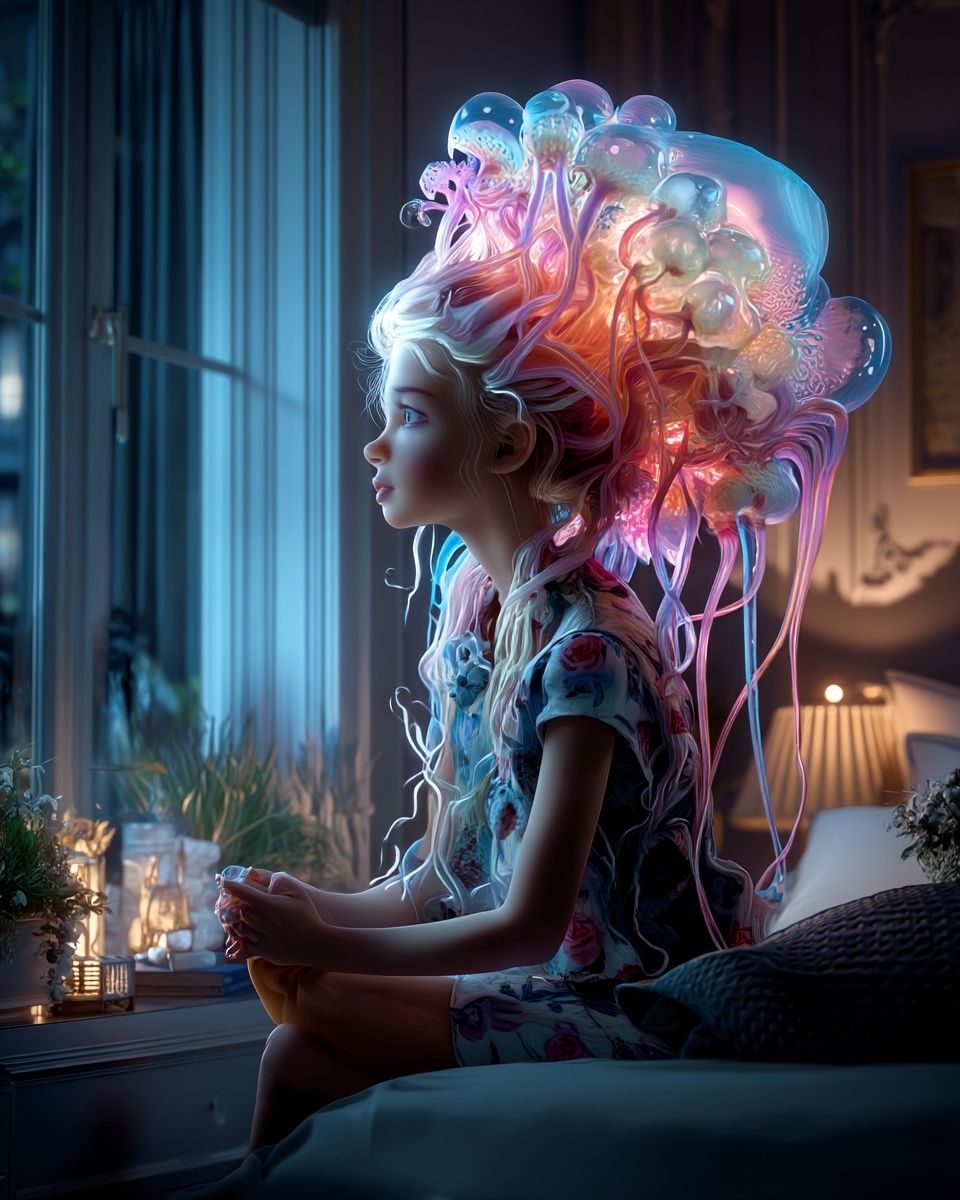 Dreamy Jellyfish Girl — Digital Art Print. poster — illustration art
