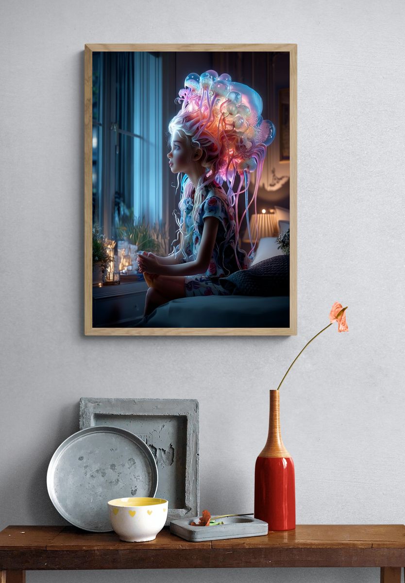 Dreamy Jellyfish Girl — Digital Art Print. — room view 3