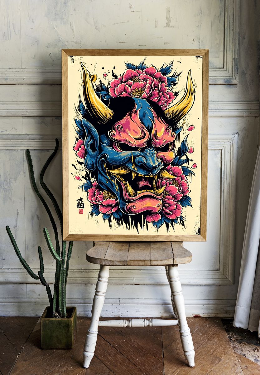 Japanese Oni Mask — Illustration Print. room preview