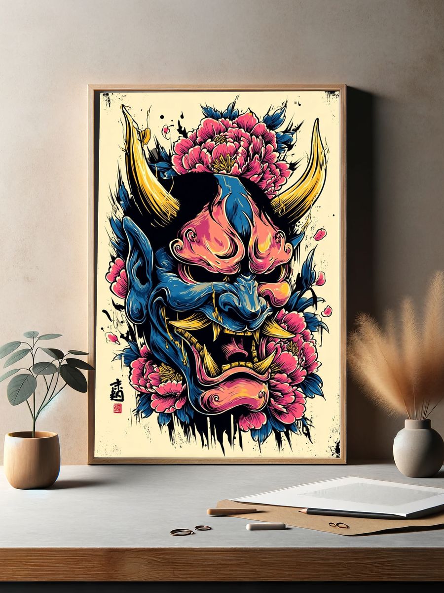 Japanese Oni Mask — Illustration Print. — room view 2