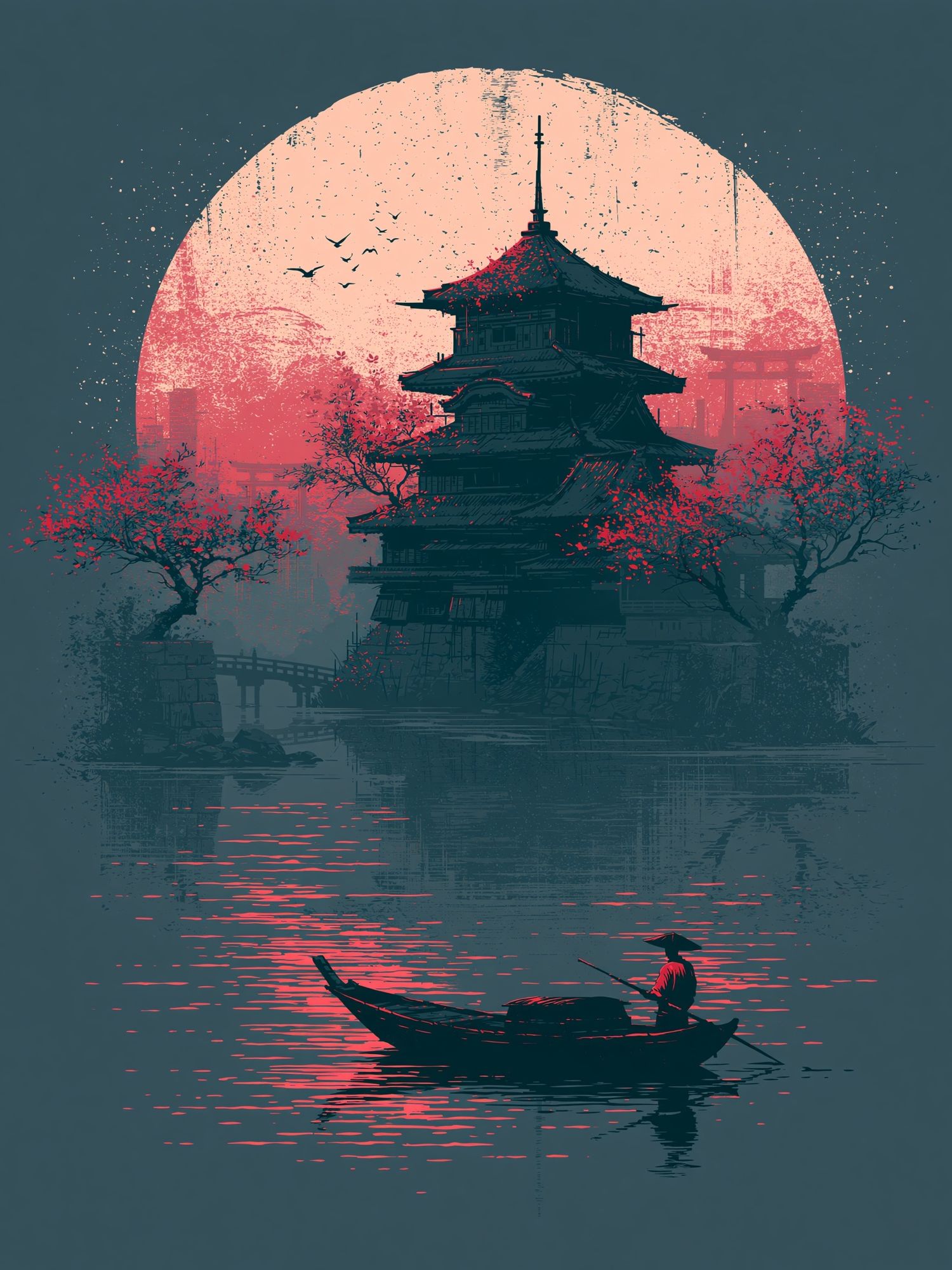 Japanese Pagoda Sunset Print. poster — illustration art