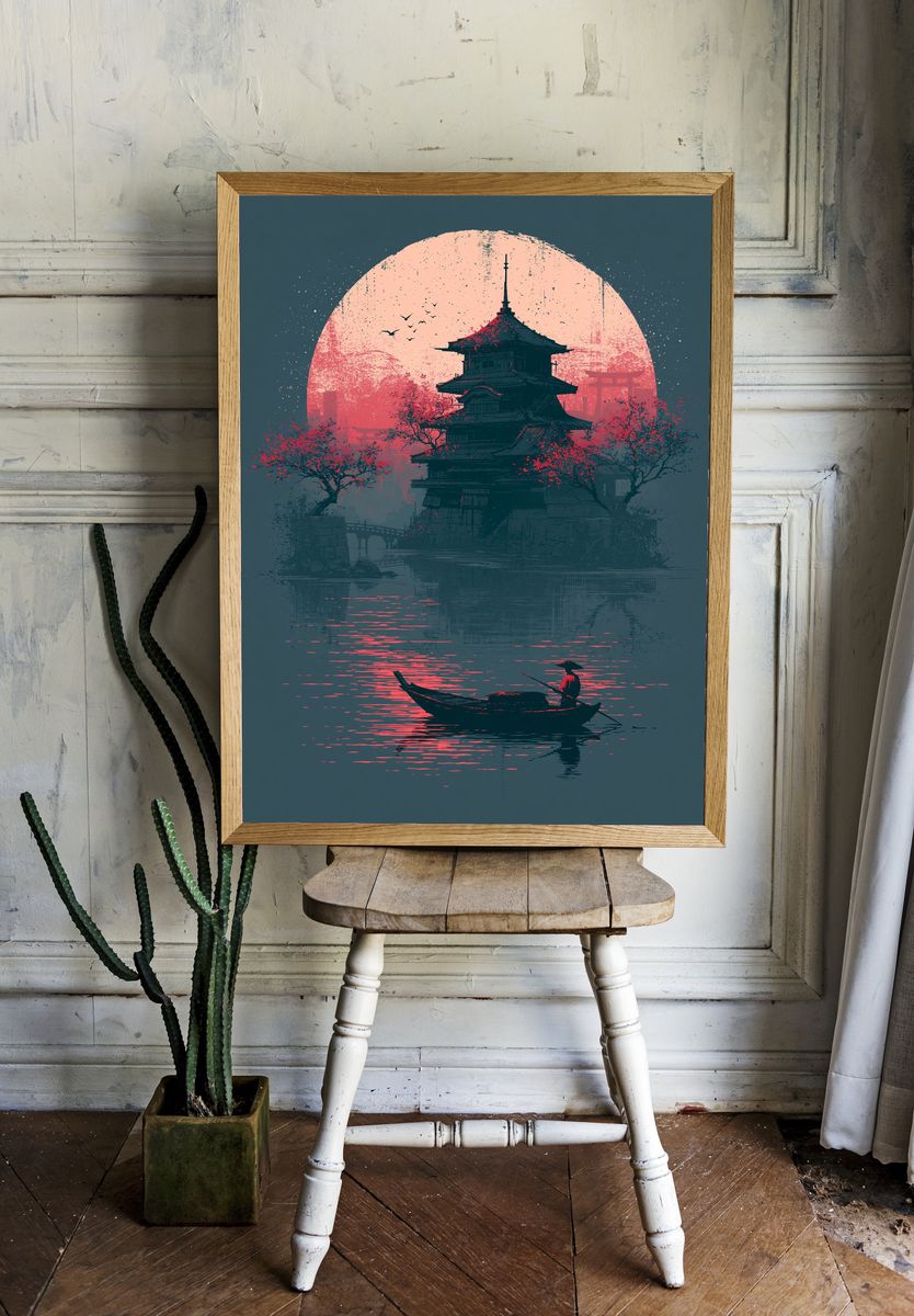 Japanese Pagoda Sunset Print. — room view 1