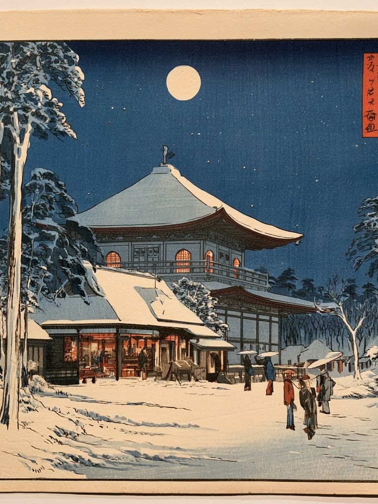 Snowy Japanese Temple Night Print. poster detail