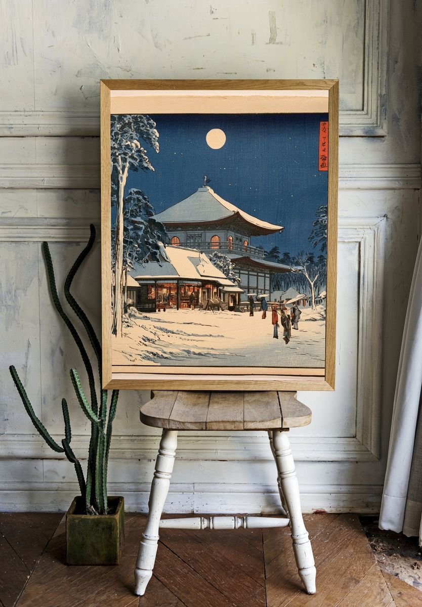 Snowy Japanese Temple Night Print. room preview