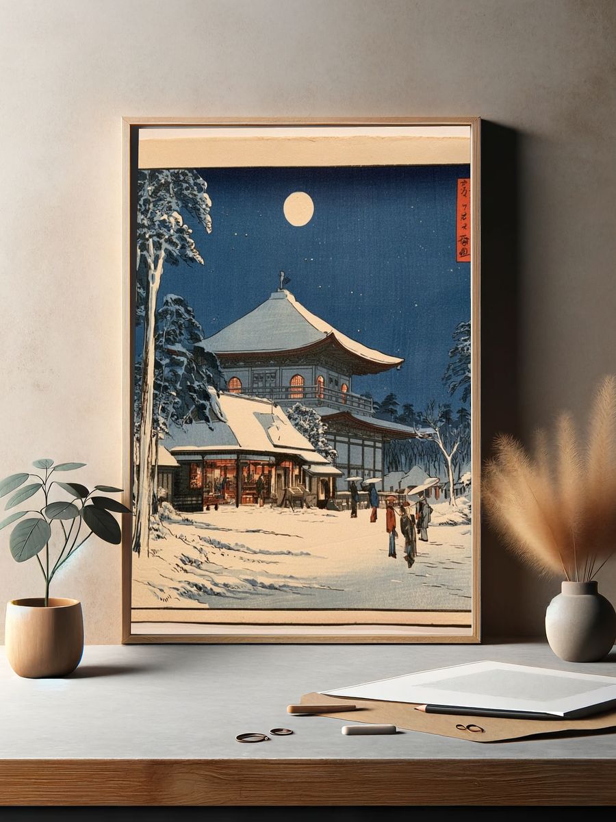 Snowy Japanese Temple Night Print. — room view 2