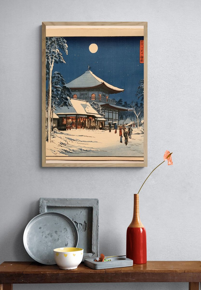 Snowy Japanese Temple Night Print. — room view 3