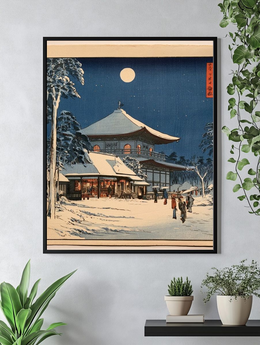 Snowy Japanese Temple Night Print. — room view 4