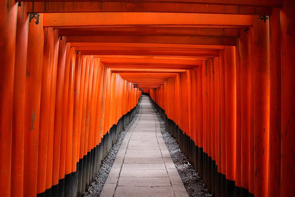 Orange architecture hallway that leads. poster — photography art