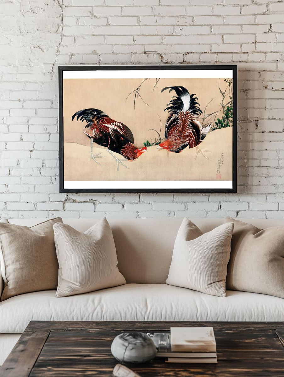 Japanese Roosters — Fine Art Print. room preview
