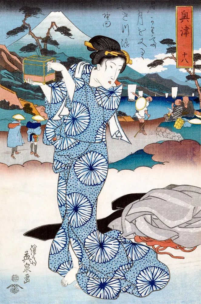 Japanese Woman with Cage — Ukiyo-e Print. poster — fine-art art