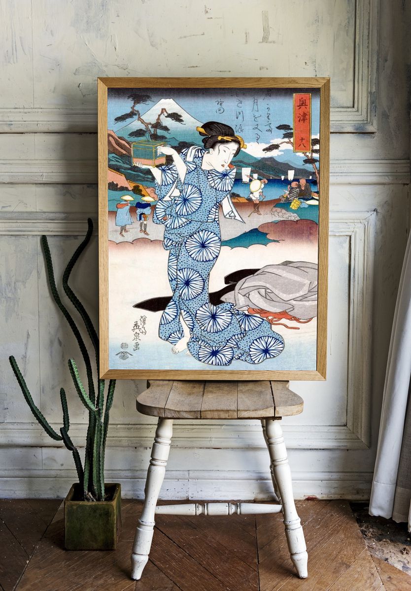 Japanese Woman with Cage — Ukiyo-e Print. room preview