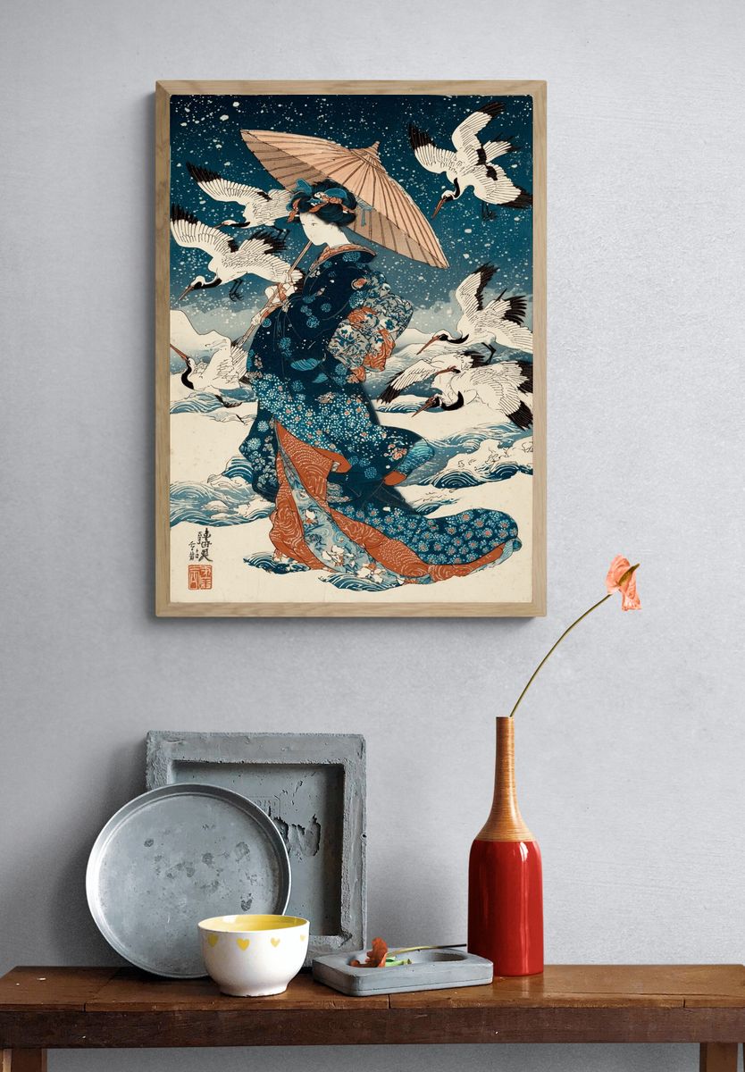 Japanese Woman with Umbrella — Vintage Print. — room view 3