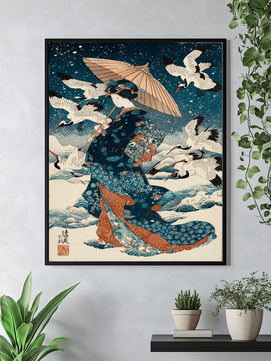 Japanese Woman with Umbrella — Vintage Print. — room view 4