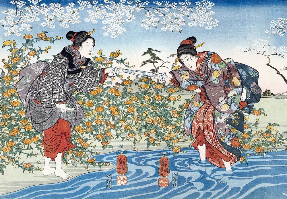 Japanese Women by the River — Ukiyo-e Print. poster detail
