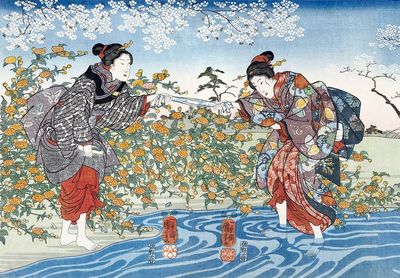 Japanese Women by the River — Ukiyo-e Print. poster