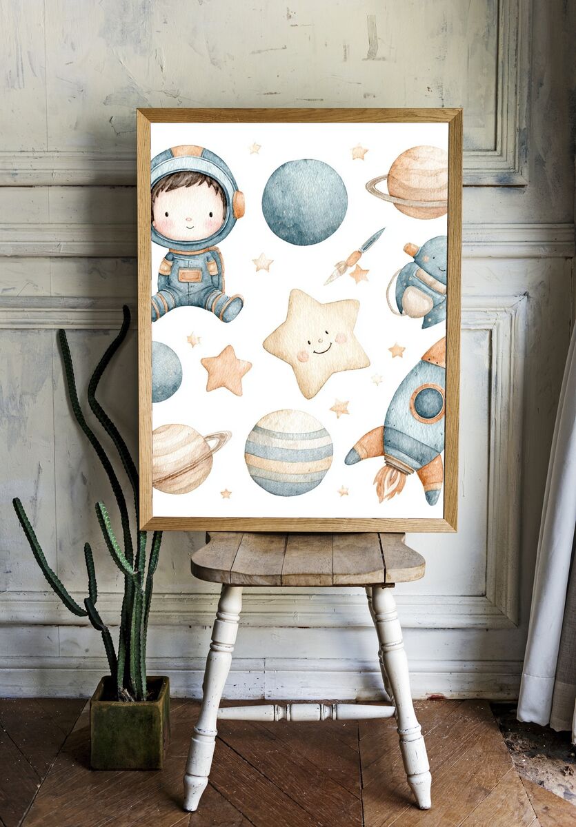 Cute Astronaut and Planets — Watercolor Print room preview