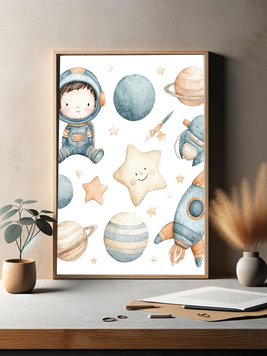 Cute Astronaut and Planets — Watercolor Print. — room view 2