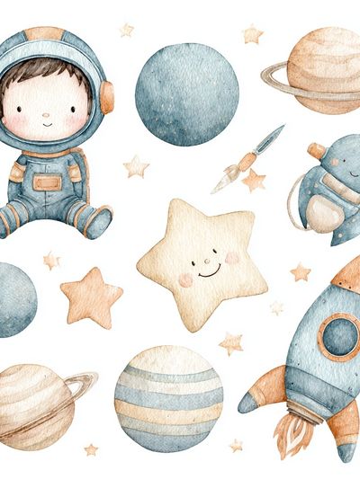 Cute Astronaut and Planets — Watercolor Print. poster
