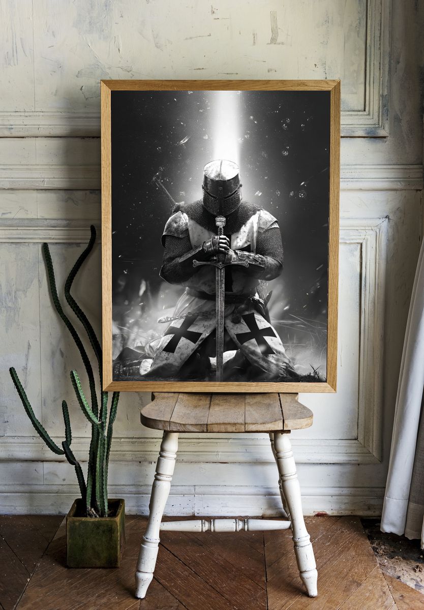 Knight in Armor — Black and White Print room preview