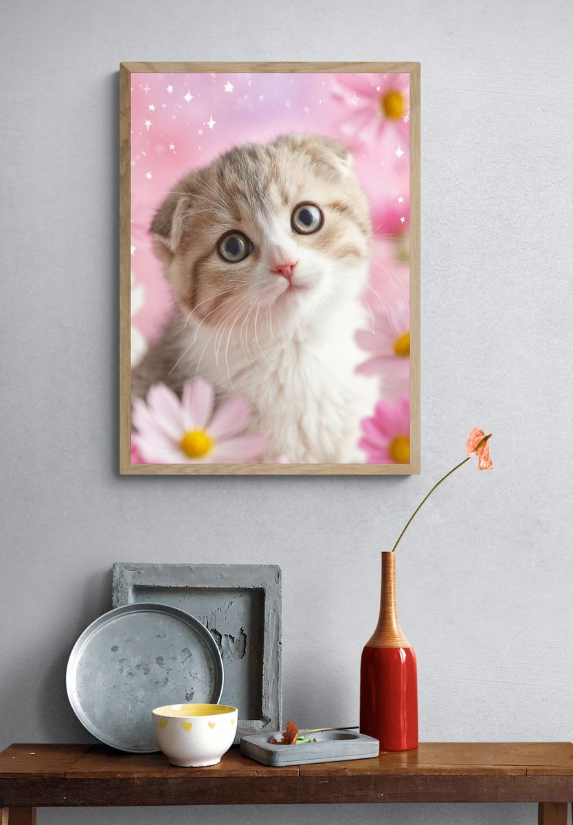 Cute Kitten in Flowers Poster. — room view 3