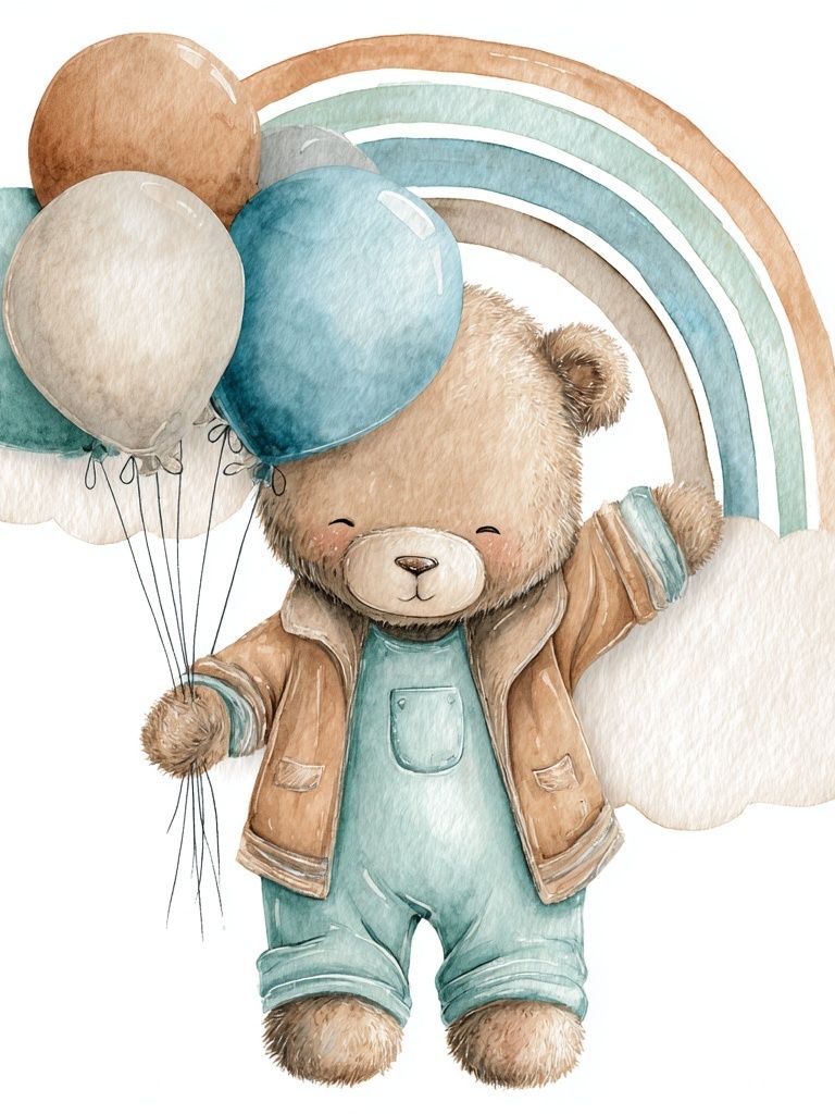Cute Bear with Balloons — Watercolor Print. poster — kids art