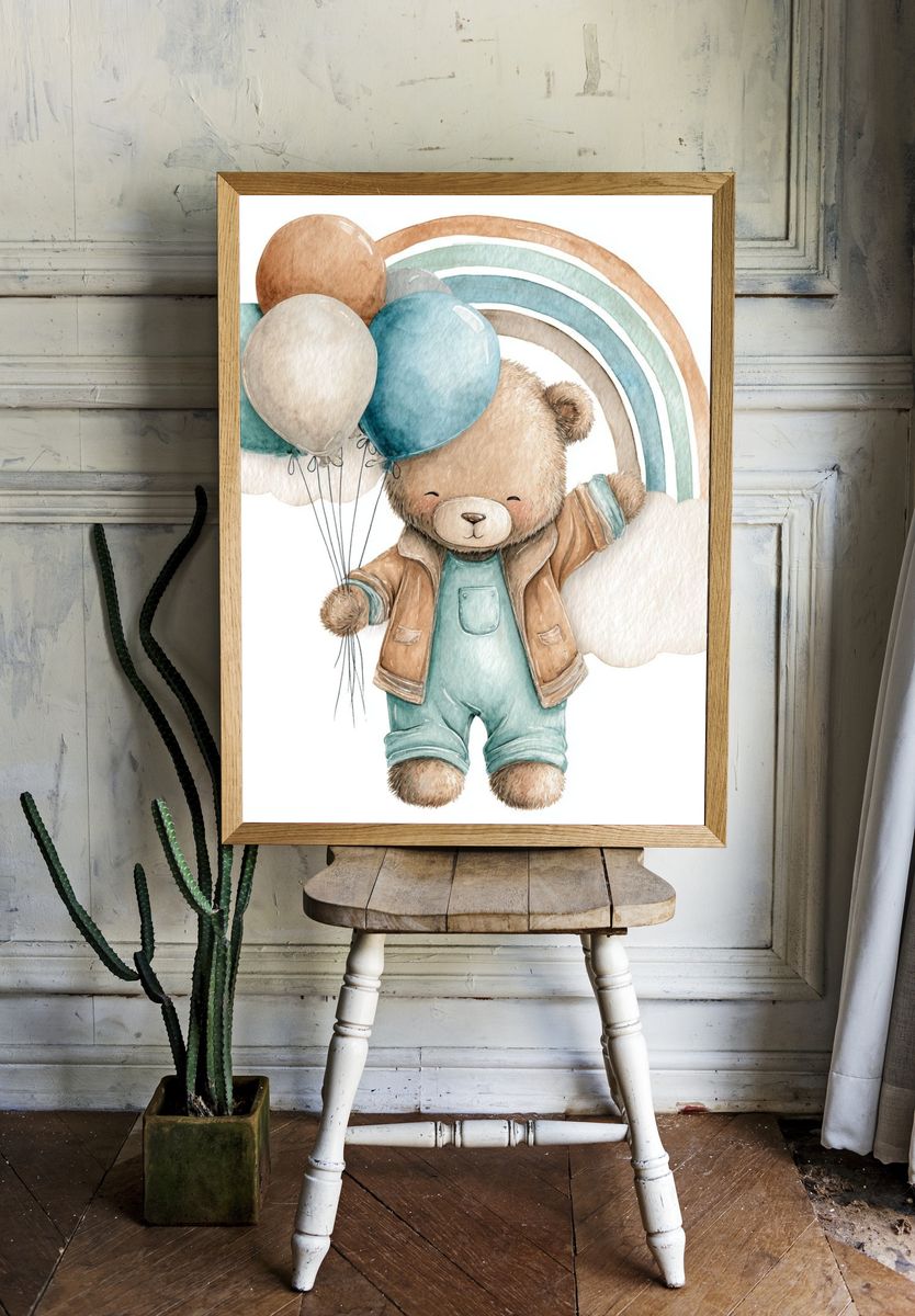 Cute Bear with Balloons — Watercolor Print. — room view 1