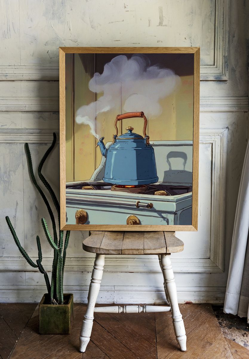 Blue Kettle on Stove — Illustration Print room preview